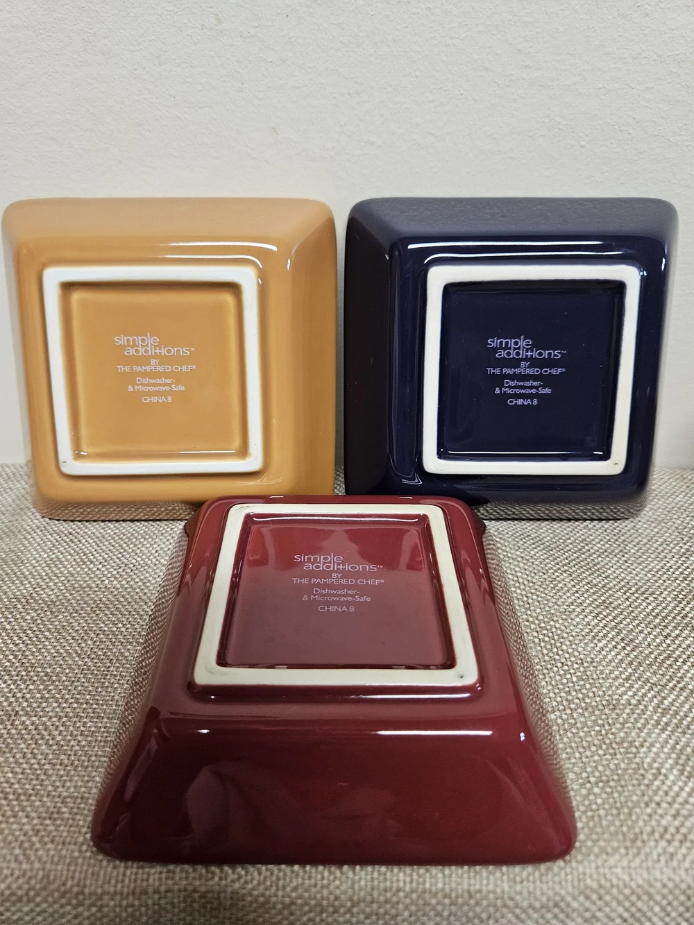 Pampered Chef Ceramic Snack Set in Burgundy, Mustard, and Navy